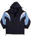 A tri-colour jacket featuring navy blue, light blue, and white accents, complete with a hood and branding.