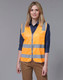 An orange safety vest with reflective stripes, featuring a front zipper and a branding logo.
