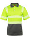 A safety polo shirt featuring fluorescent yellow and grey colours, with reflective stripes and a pocket on the front.