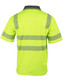 A bright yellow safety polo shirt featuring reflective stripes and a collar. The back view displays the segmented design.