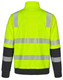 A high-visibility yellow safety jumper with reflective stripes and black sleeves, featuring a logo on one sleeve.