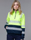 A high-visibility work jumper in fluorescent yellow with navy stripes and reflective detailing. It features a zip collar.