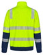 A high-visibility jumper in fluorescent yellow with navy blue sleeves and reflective stripes on the back.