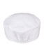 A white chef's cap with a round, gathered design. Features a logo on the side.