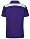 A purple children's polo shirt with a white stripe across the back and a logo.