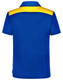 A blue polo shirt with a yellow collar and back section, featuring a logo on the side.