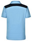 Light blue children's polo shirt with a black shoulder panel and a logo on the back.