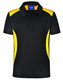 A black polo shirt with yellow side panels and a collar, featuring a logo on the chest.