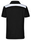 A children's polo shirt in black with a white panel across the shoulders. Features a logo on the front.