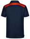 A navy polo shirt with a red shoulder design and a logo on the back. Suitable for children's wear.