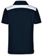 A navy blue children's polo shirt with a white shoulder panel and a logo on the back.