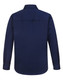 A navy long-sleeve work shirt with a closed front and collar, featuring a logo.