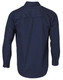 A navy long-sleeve cotton work shirt with a back yoke and buttoned cuffs. Features a logo.