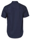 A navy short-sleeve cotton work shirt with a back yoke and one logo.