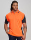 A bright orange safety polo shirt with navy accents, featuring a pocket and logo. Ideal for workwear.