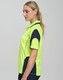 A high-visibility polo shirt in bright yellow with navy accents, featuring a logo on the chest.