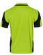 A Hi-Vis polo shirt in bright green with navy accents, featuring a logo on the back.