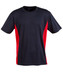 A short sleeve tee featuring a black body with red contrast panels and a logo.