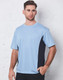 A light blue short sleeve t-shirt with black side panel contrasts, featuring a logo.