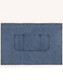 A denim half apron in blue with a front pocket and brass button accents. It has a simple, functional design.