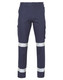Navy work pants featuring reflective stripes and side pockets, designed for durability and visibility.