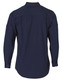 A navy blue long sleeve work shirt with a collar and buttoned cuffs. The back features a simple design and a logo.