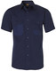 A navy short sleeve work shirt featuring two chest pockets and a branded logo.