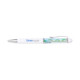 A plastic pen in white featuring a transparent section with colourful floating elements. The pen also has a logo.