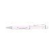 A white plastic pen with a silver clip and a transparent barrel featuring a logo.