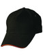 A black cap with a curved peak, featuring a contrasting red accent on the brim and a logo present.