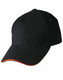 A black cap with an orange trim on the peak, featuring a logo on the side.