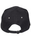 A black cap with a curved brim, showing eyelets and an adjustable strap at the back. It features a logo.