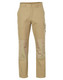 Khaki work pants with reinforced patches, featuring a cargo pocket and a logo. Suitable for heavy-duty use.