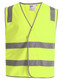 A bright yellow safety vest featuring grey shoulder reflective tapes and a front opening. It includes a logo on the label.