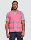 A bright pink safety vest with reflective shoulder tapes, featuring a plain design and worn by a male model.