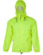 A bright yellow spray jacket with a hood and adjustable drawstrings, featuring a front pocket and a logo.