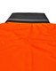 A close-up of the back collar of an orange polo shirt, featuring a grey striped detailing and a logo.