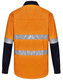 A bright orange long-sleeve safety shirt with navy blue sleeves and reflective tape across the front and back.