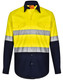 A High-Visibility long-sleeve safety shirt in bright yellow with navy sleeves and reflective stripes. Features two front pockets.