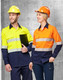 A Hi-Vis long-sleeve safety shirt in yellow and navy, and an orange variant, both featuring segmented reflective tape.