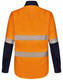 A long-sleeve safety shirt in orange and navy blue, featuring segmented reflective tape and a branding logo.