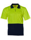 A short-sleeved polo shirt in hi-vis yellow and navy blue, featuring a collar and a pocket, with a logo.