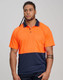 A safety polo shirt in high-visibility orange with a navy blue bottom section and a pocket, featuring a logo.