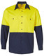 A long-sleeved cotton drill work shirt in high visibility yellow and navy blue, featuring two chest pockets and a logo.