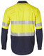 Hi-Vis long-sleeve cotton rip-stop shirt in yellow and navy, featuring reflectively striped detailing and a logo.