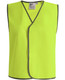 A bright yellow safety vest with grey trim, featuring a logo on the inside label.