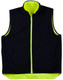 Reversible safety vest in black and high-visibility yellow, featuring a mandarine collar and pockets.