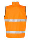 A safety vest in bright orange with reflective silver strips, featuring a reversible mandarine collar and branding.