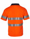 An orange short-sleeve safety polo shirt featuring reflective 3M tape stripes. The shirt has a navy collar and branding.