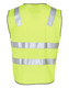 A hi-vis yellow safety vest with reflective silver tapes, featuring a sleeveless design and a logo on the back.
